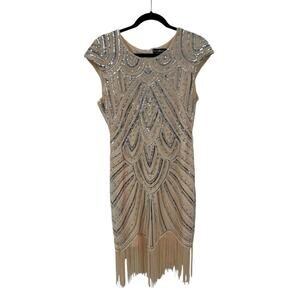Pretty Guide Sequin Beaded Cap Sleeve Fringe Hem Flapper Dress Womens Medium